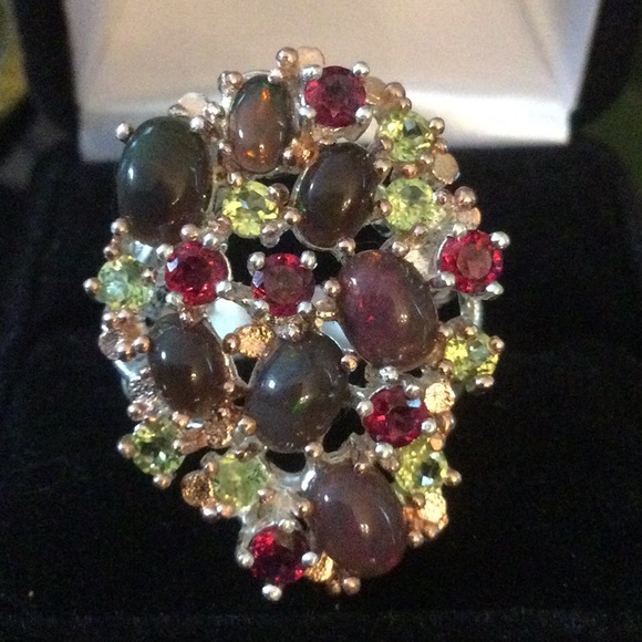 Atlanta Gem & Mineral Show Jewelry - Spectacular Genuine Black Opals, Garnets & Peridot Ring